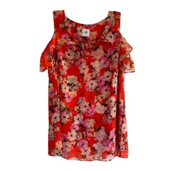 Tops - CAbi 5352 Lush Red Pink Floral Cold Shoulder Flutter Sleeve Blouse Women's Small